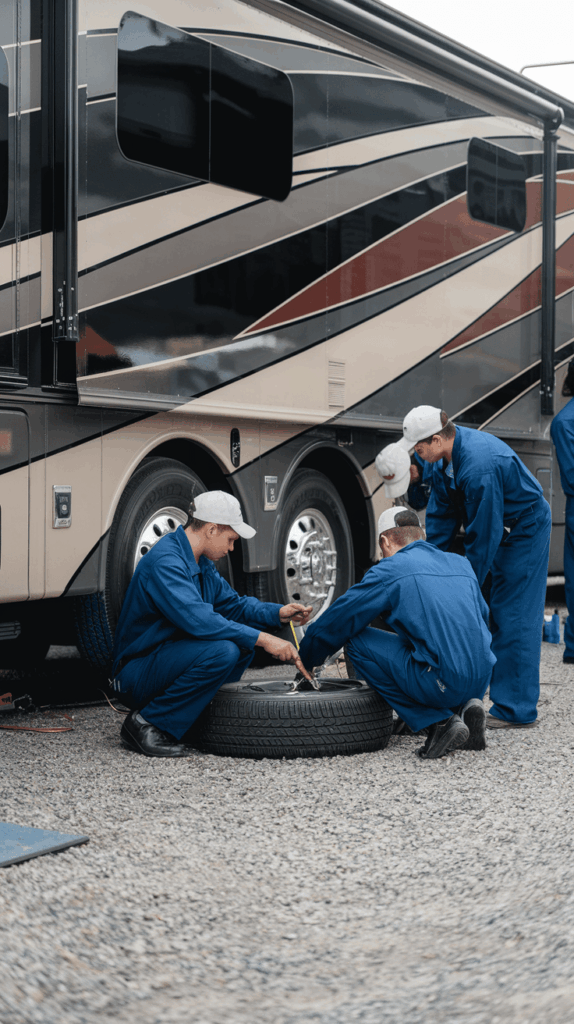 mechanics doing a tire repair on your RV.
