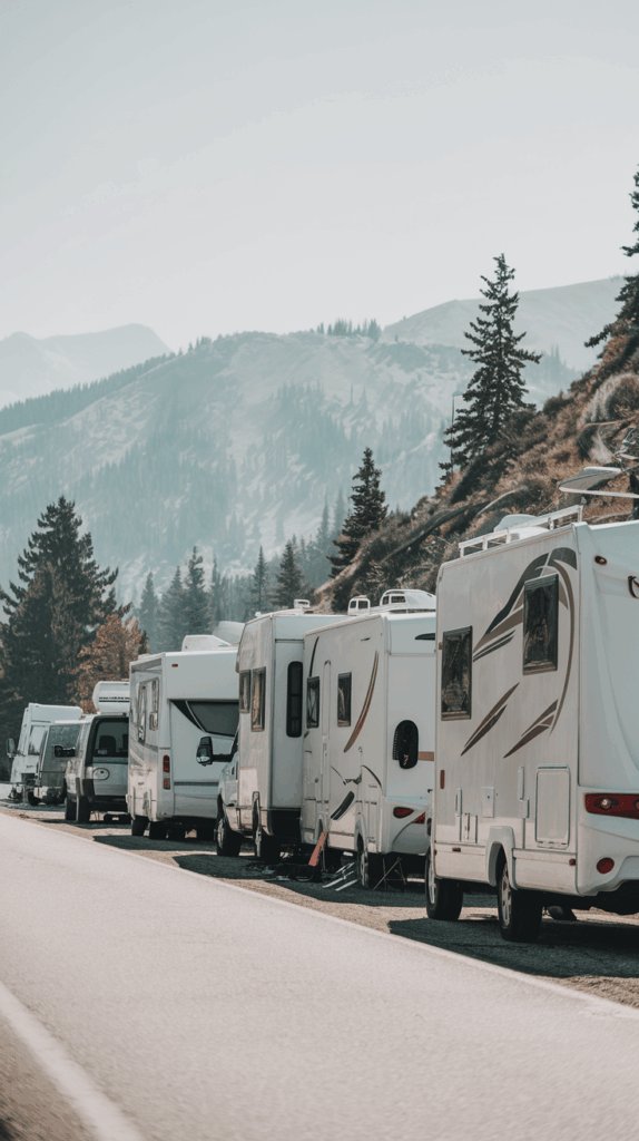 a line of RV's parked by the side of the road.