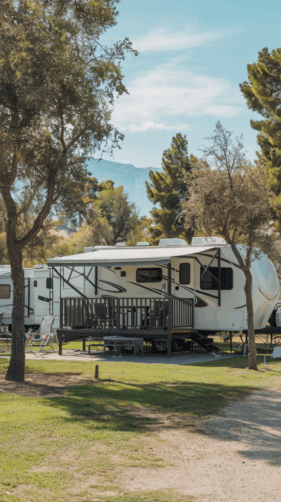 a nice awning on a mobile RV in a campground.